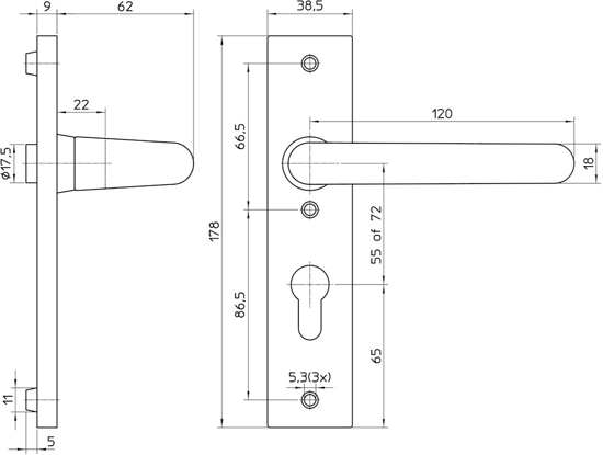 Afbeeldingen van DEURKR 3252 FP - 72MM LS BESLAG KORTSCHILD AFGEROND, D KRUK-KNOP, BESLAGSET, GEVEERD, KRUKSTIFT 8MM, F1 ALUMINIUM, PC72-PC72, DRAAIRICHTING LINKS